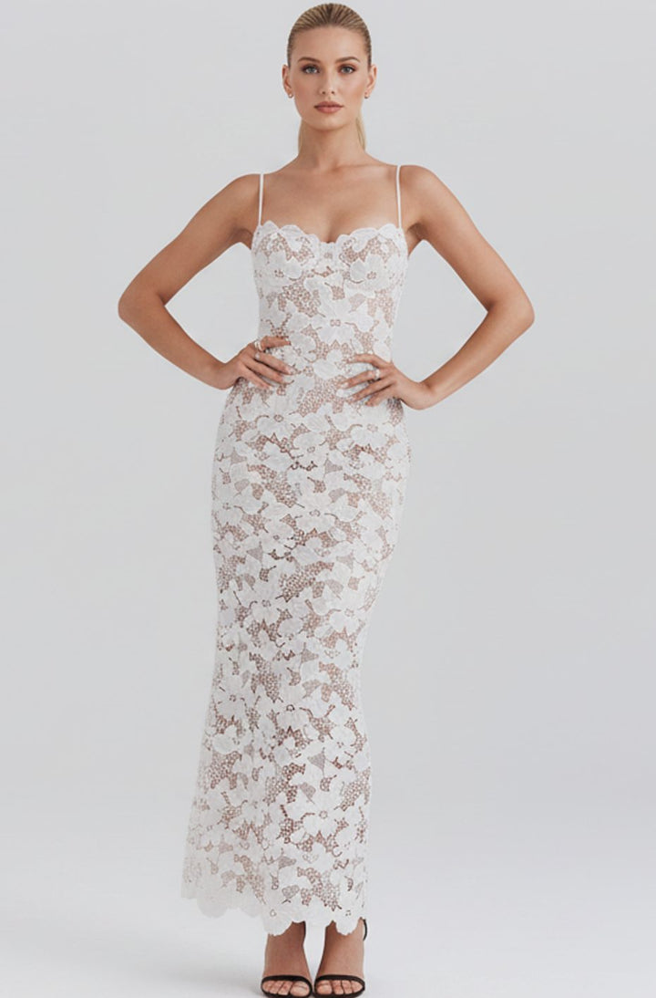 Women's Floral Embroidered Lace Scallop-Trim Maxi Dress