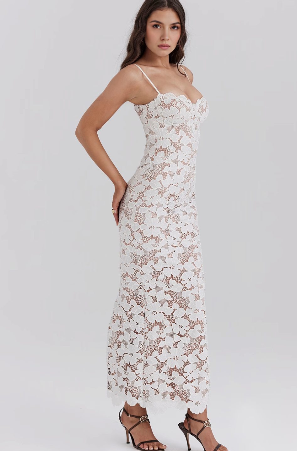 Women's Floral Embroidered Lace Scallop-Trim Maxi Dress