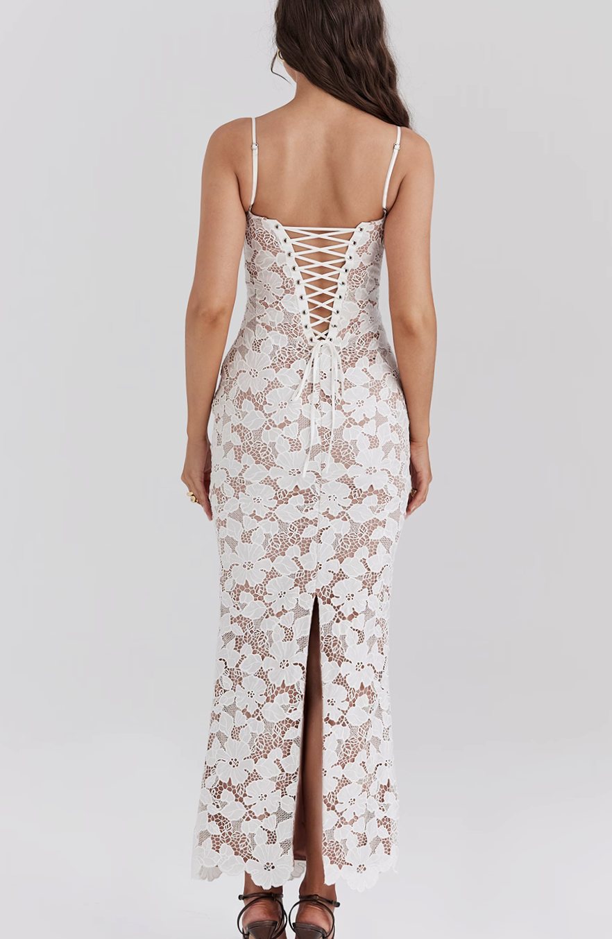 Women's Floral Embroidered Lace Scallop-Trim Maxi Dress
