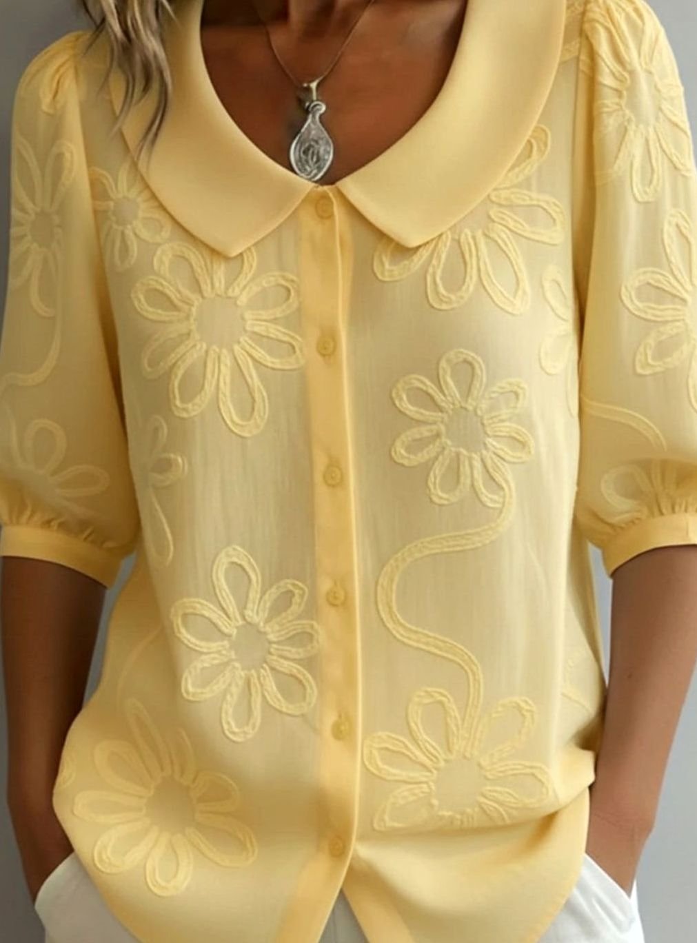 Women's Floral Embroidered Peter Pan Collar Button-Up Blouse - Yellow
