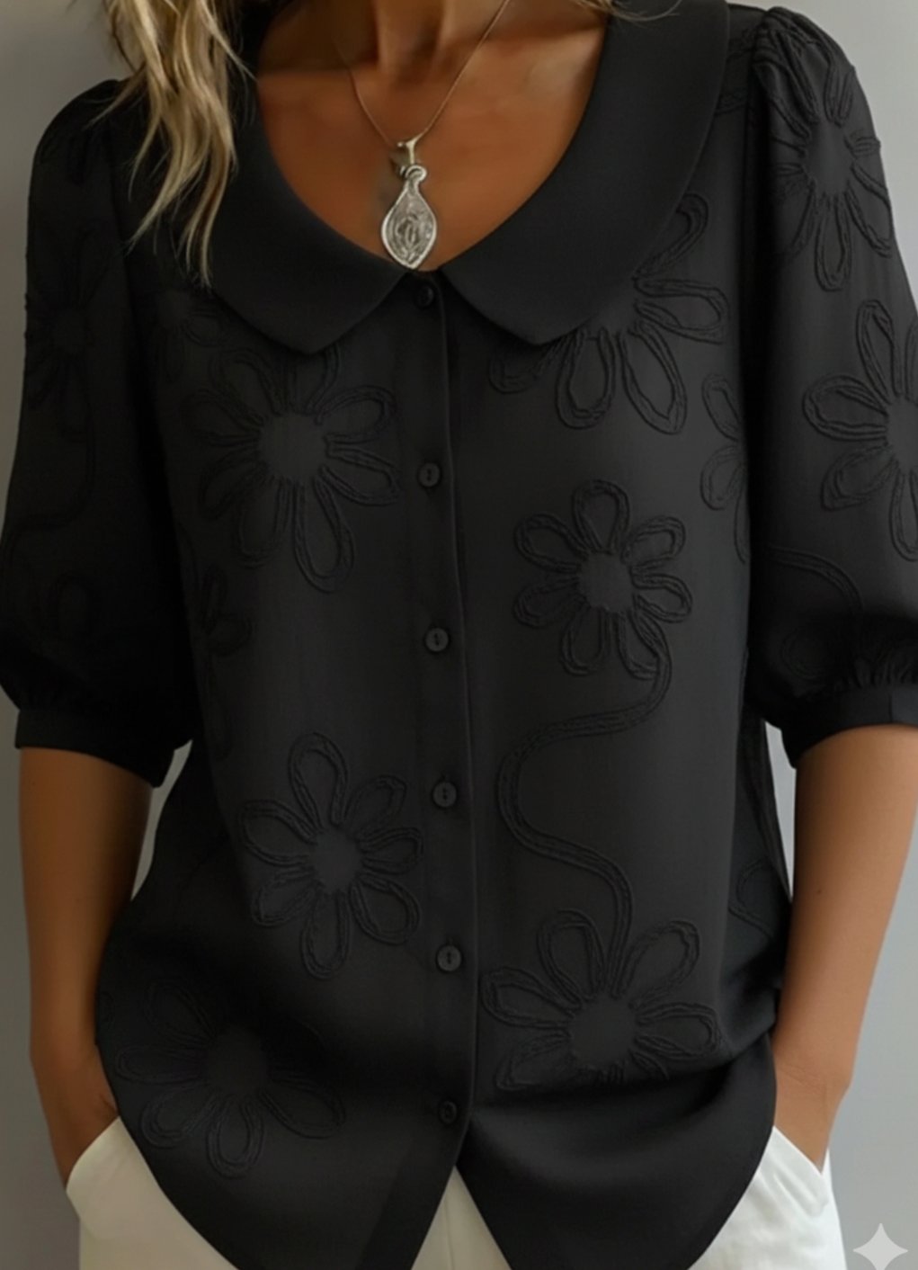 Women's Floral Embroidered Peter Pan Collar Button-Up Blouse - Black