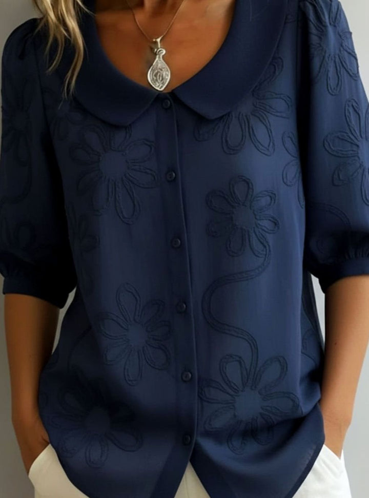 Women's Floral Embroidered Peter Pan Collar Button-Up Blouse - Navy Blue