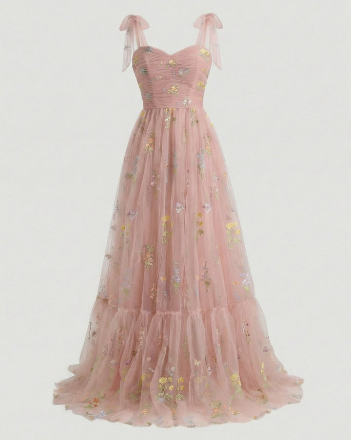 Women's Floral Embroidered Tulle Sweetheart A-Line Maxi Dress