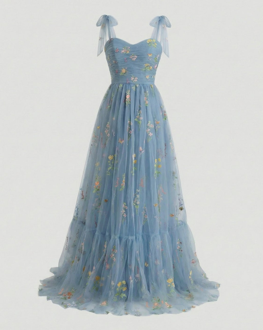 Women's Floral Embroidered Tulle Sweetheart A-Line Maxi Dress - Blue – Long