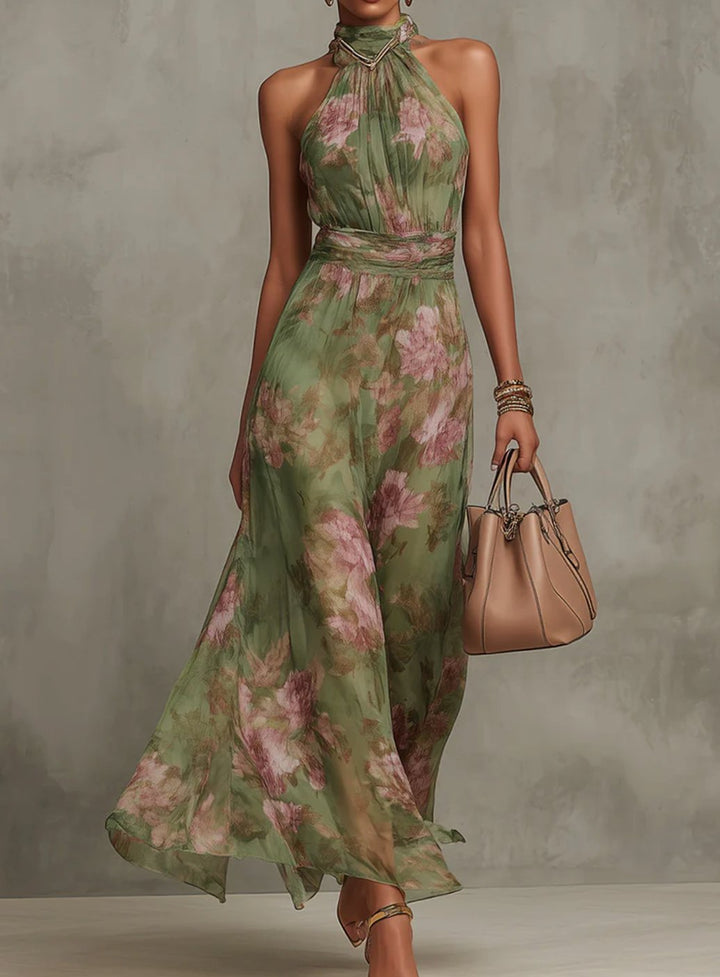 Women's Floral Halter Maxi Dress Flowing Chiffon Occasion Gown - Olive Green