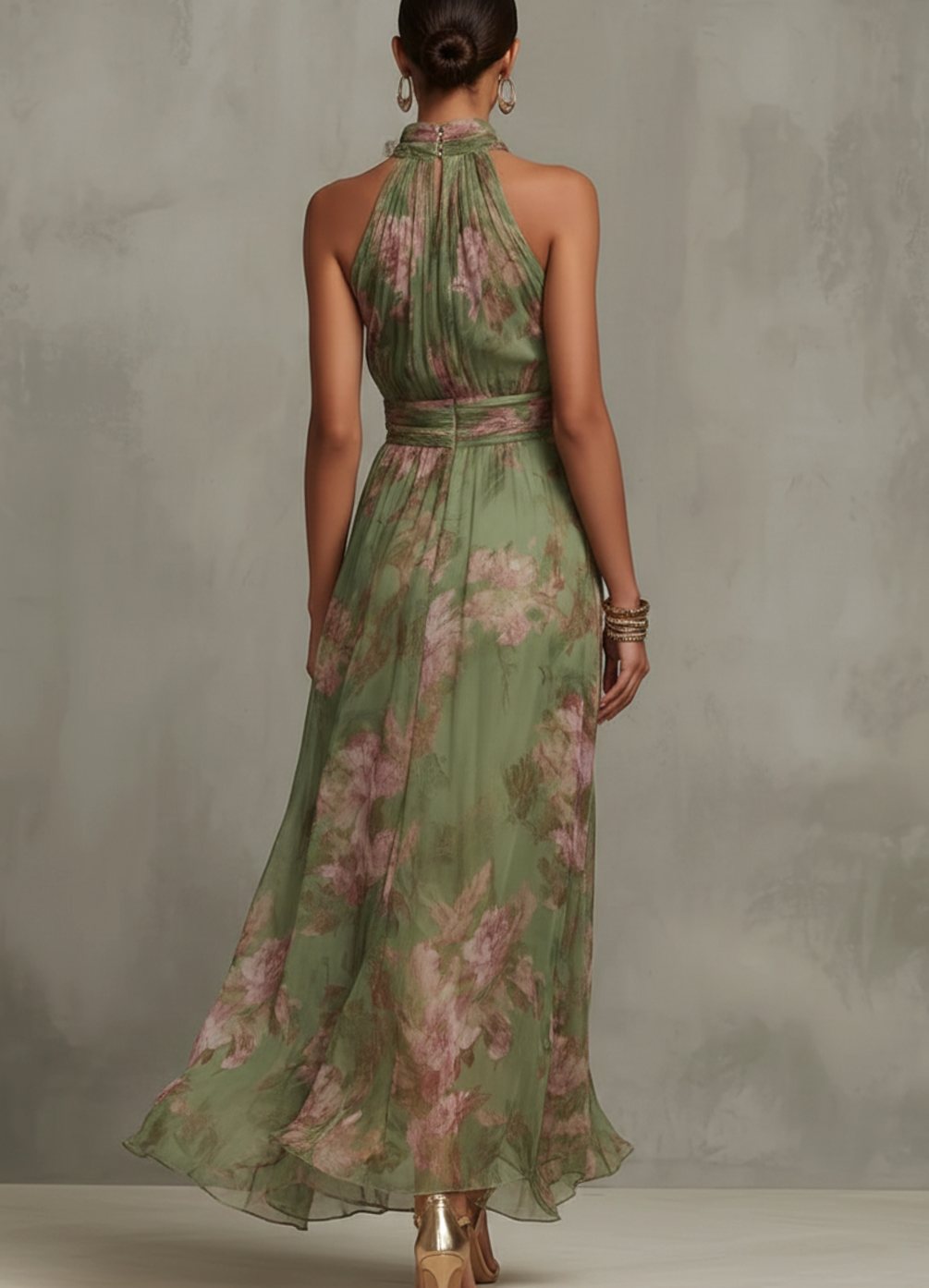 Women's Floral Halter Maxi Dress Flowing Chiffon Occasion Gown