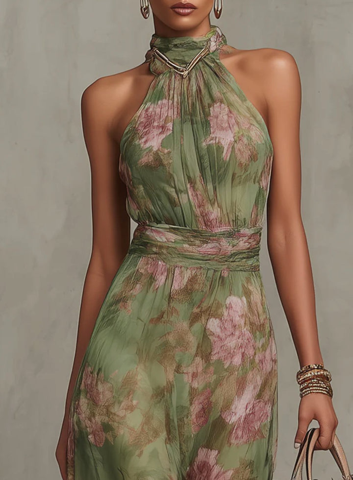 Women's Floral Halter Maxi Dress Flowing Chiffon Occasion Gown