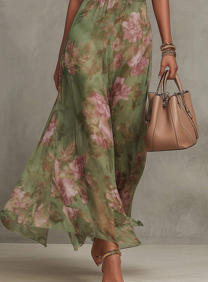Women's Floral Halter Maxi Dress Flowing Chiffon Occasion Gown