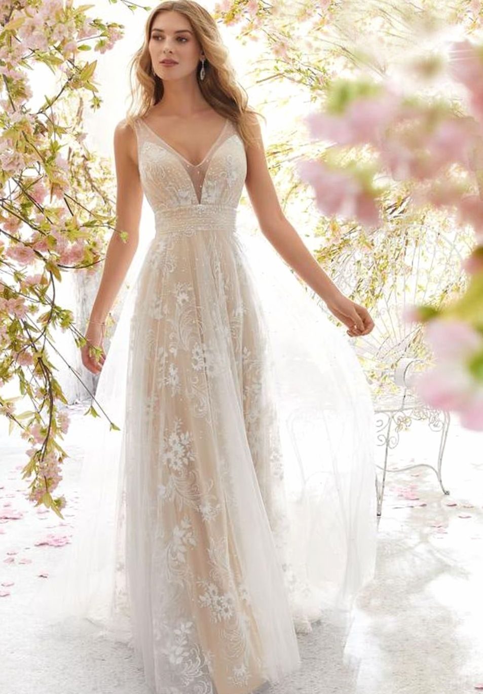 Women's Floral Lace A-Line Deep V-Neck Bridal Gown