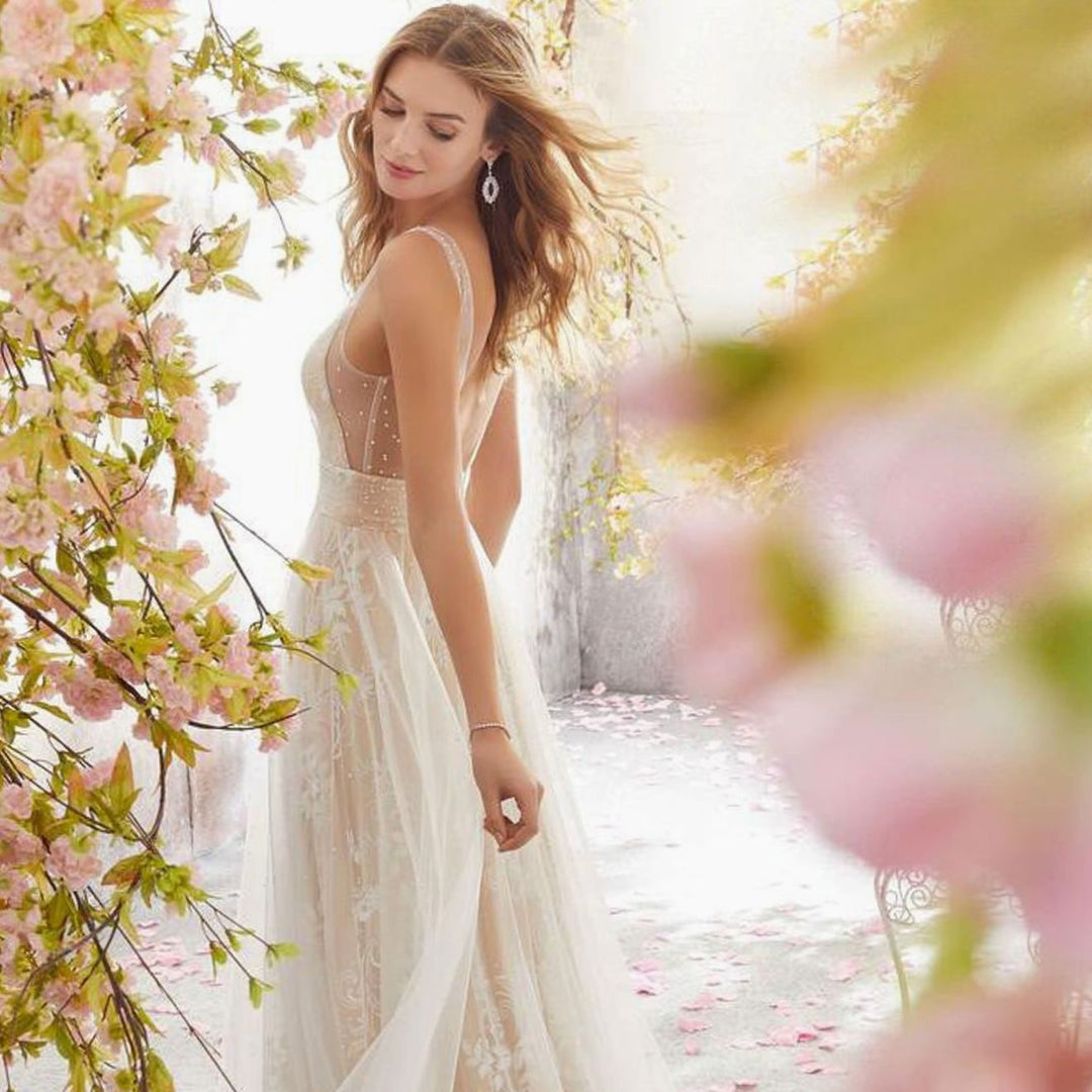 Women's Floral Lace A-Line Deep V-Neck Bridal Gown