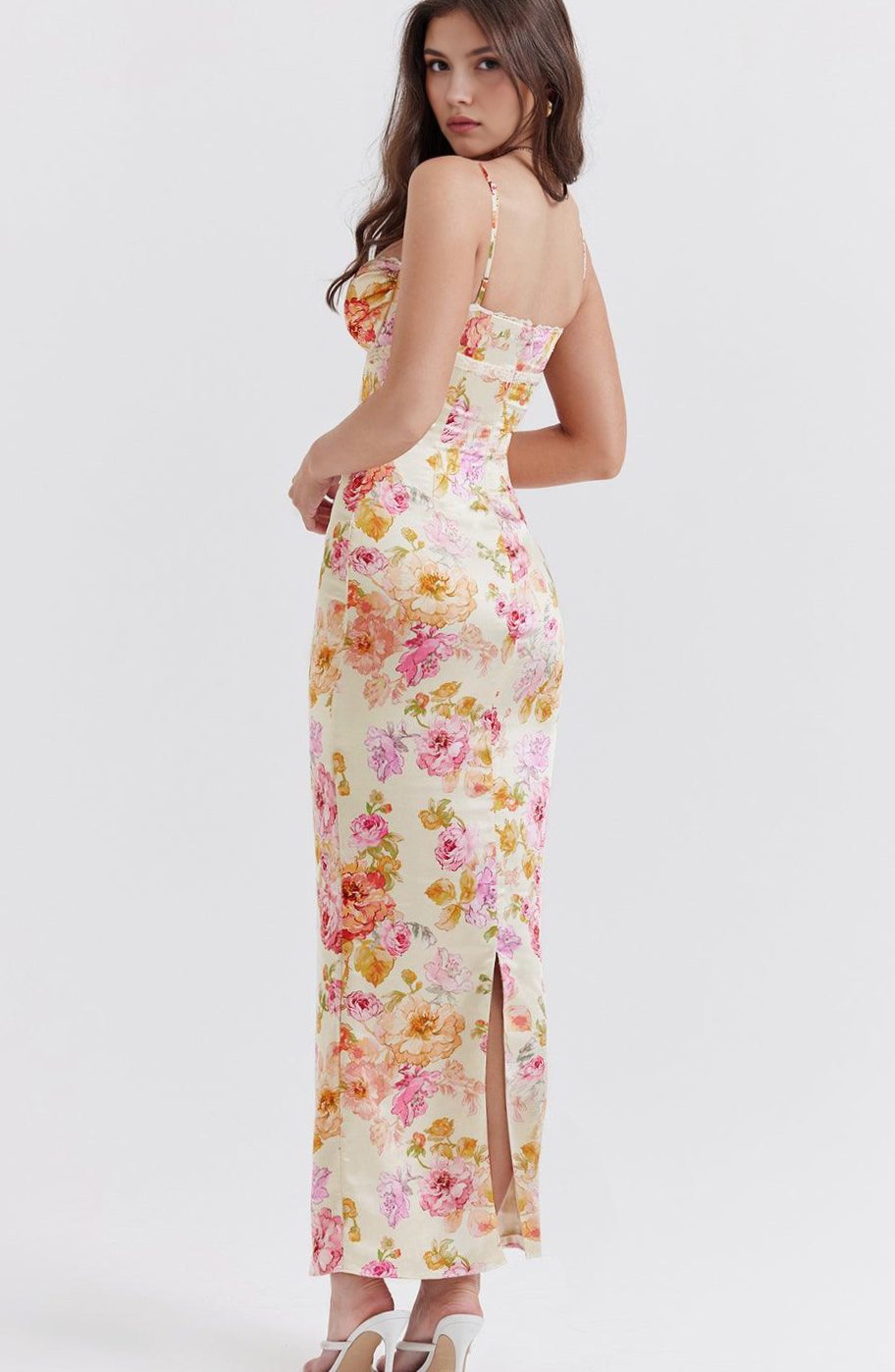 Women's Floral Maxi Dress Satin Sweetheart Underwired Wedding Guest Gown