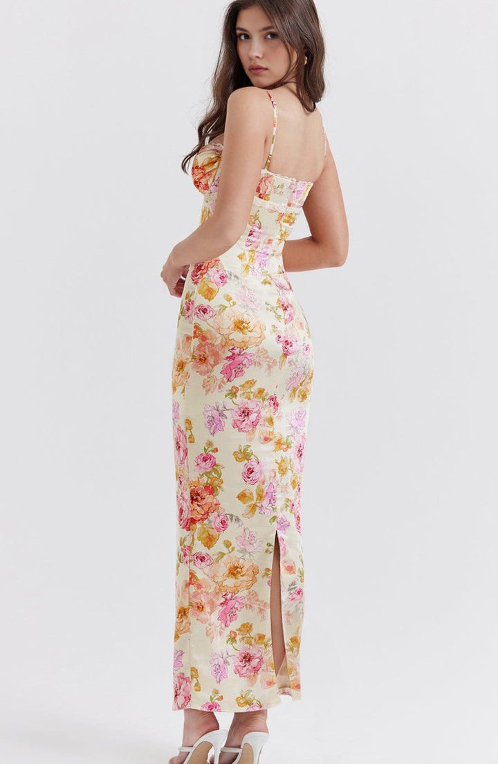 Women's Floral Maxi Dress Satin Sweetheart Underwired Wedding Guest Gown