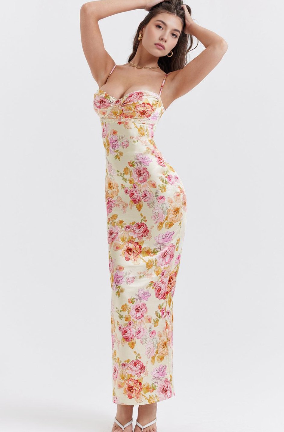 Women's Floral Maxi Dress Satin Sweetheart Underwired Wedding Guest Gown