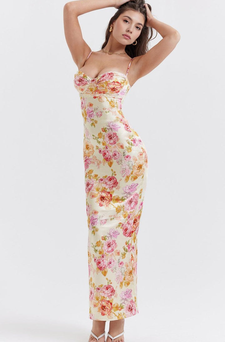 Women's Floral Maxi Dress Satin Sweetheart Underwired Wedding Guest Gown