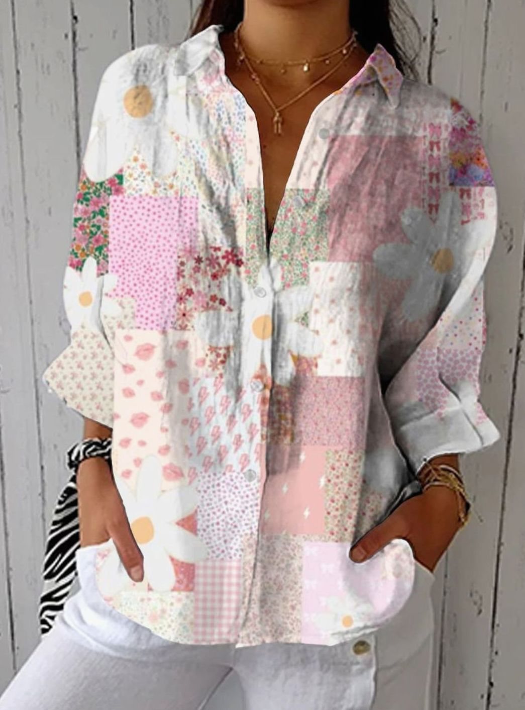 Women's Floral Patchwork Print Button-Front Long Sleeve Blouse - Multicolor