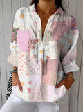 Aria | Women's Floral Patchwork Print Button-Front Long Sleeve Blouse