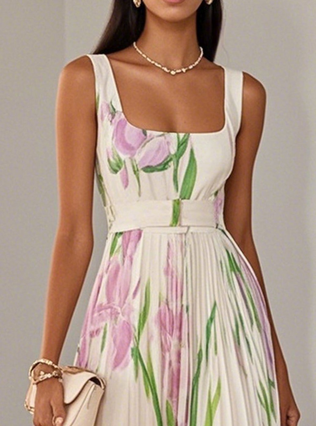 Women's Floral Pleated Square-Neck Belted Maxi Dress