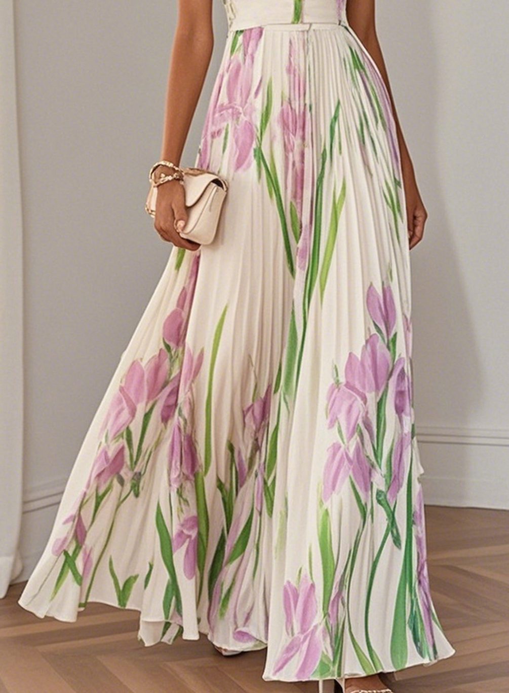 Women's Floral Pleated Square-Neck Belted Maxi Dress