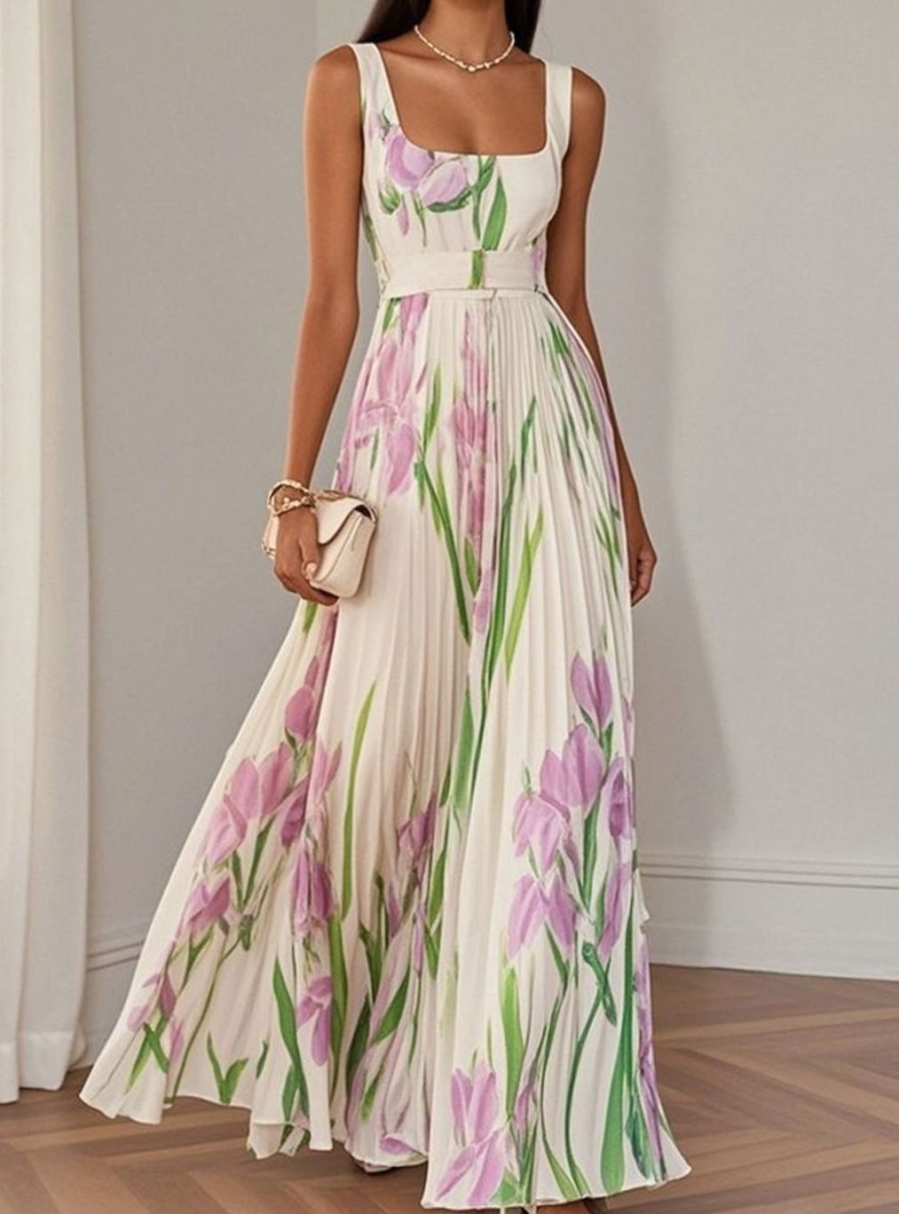 Women's Floral Pleated Square-Neck Belted Maxi Dress