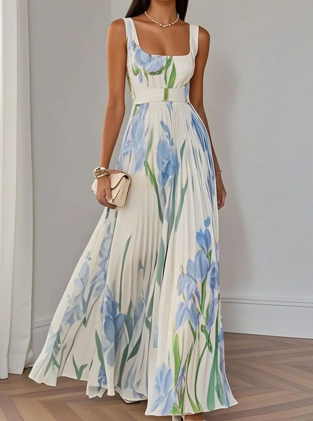 Women's Floral Pleated Square-Neck Belted Maxi Dress - Light Blue
