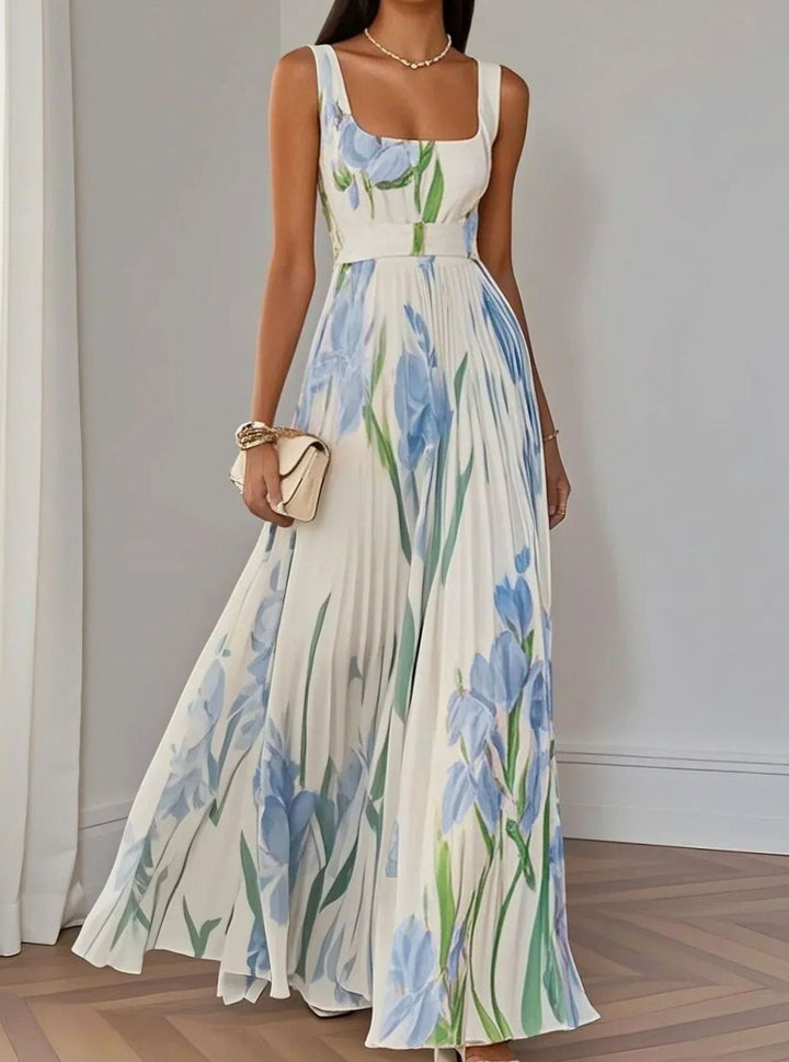 Women's Floral Pleated Square-Neck Belted Maxi Dress - Light Blue