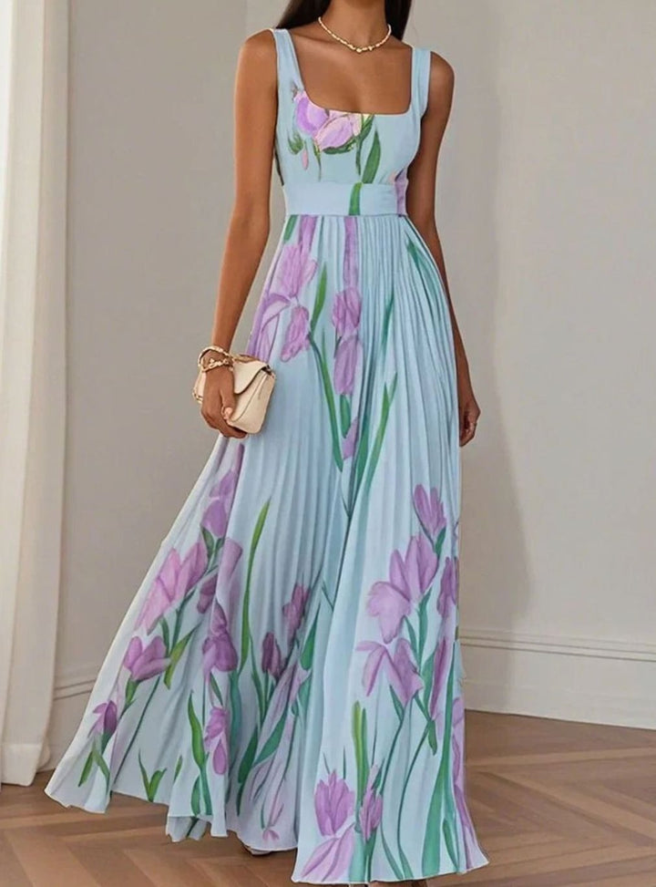 Women's Floral Pleated Square-Neck Belted Maxi Dress - Blue