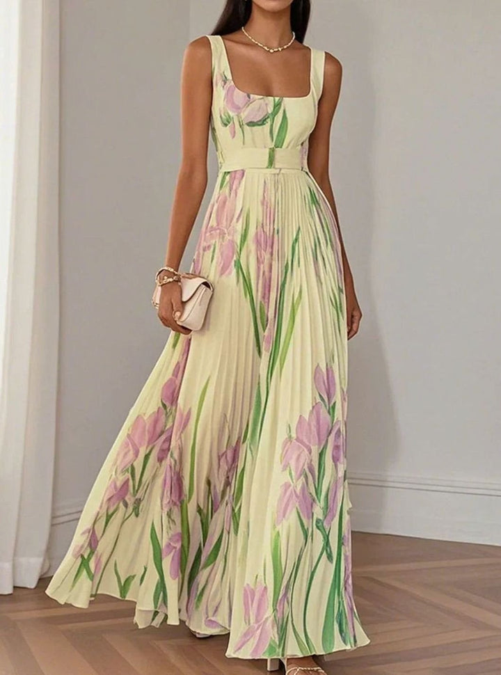 Women's Floral Pleated Square-Neck Belted Maxi Dress - Yellow