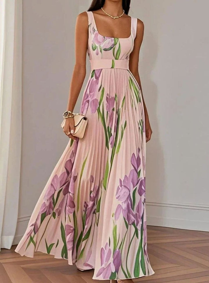 Women's Floral Pleated Square-Neck Belted Maxi Dress - Pink