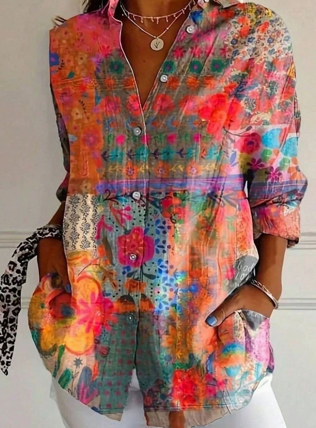 Women's Floral Print Button-Down Relaxed Blouse - Orange