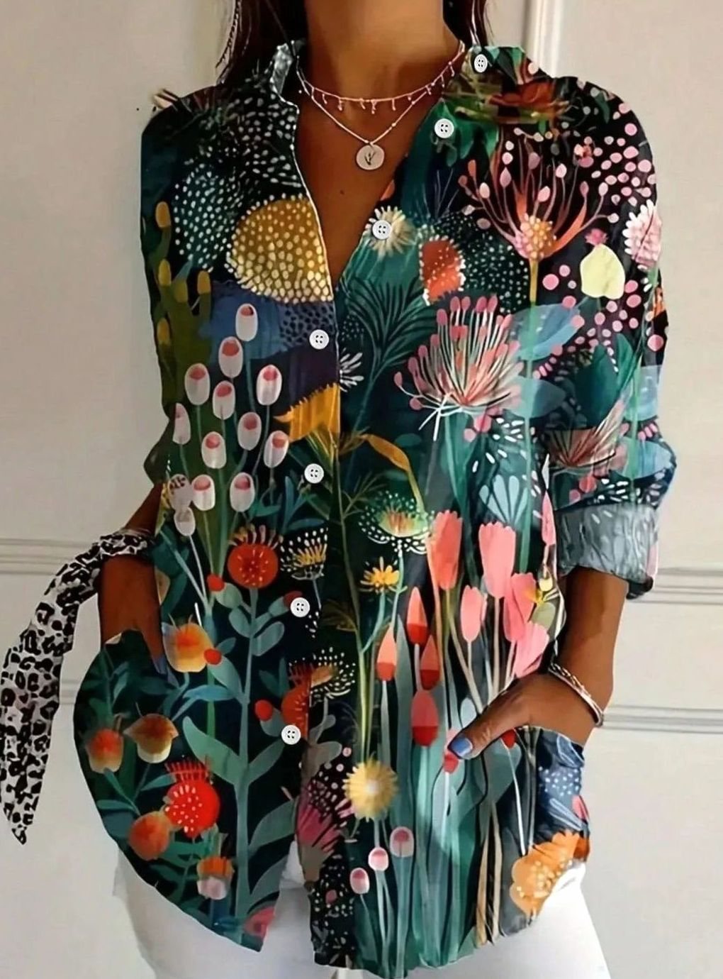 Women's Floral Print Button-Down Relaxed Blouse - Green