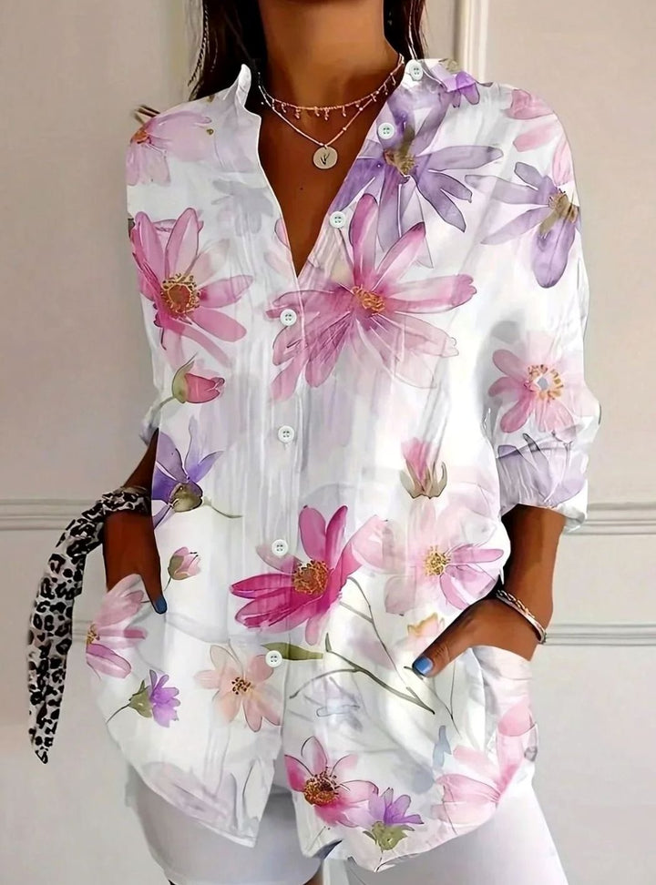 Women's Floral Print Button-Down Relaxed Blouse - White