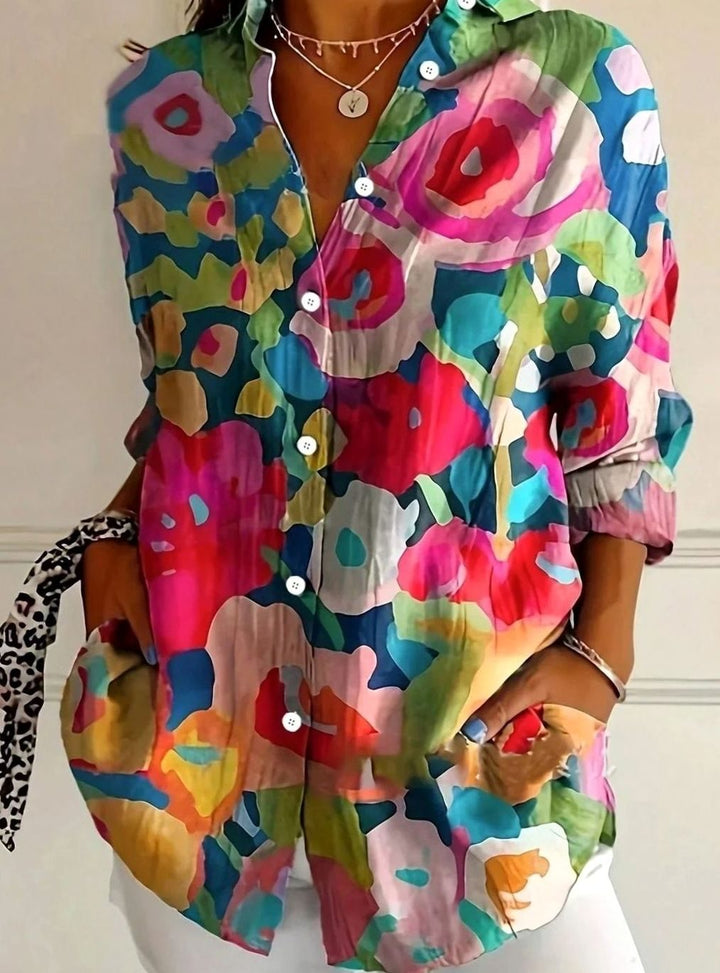 Women's Floral Print Button-Down Relaxed Blouse - Mix