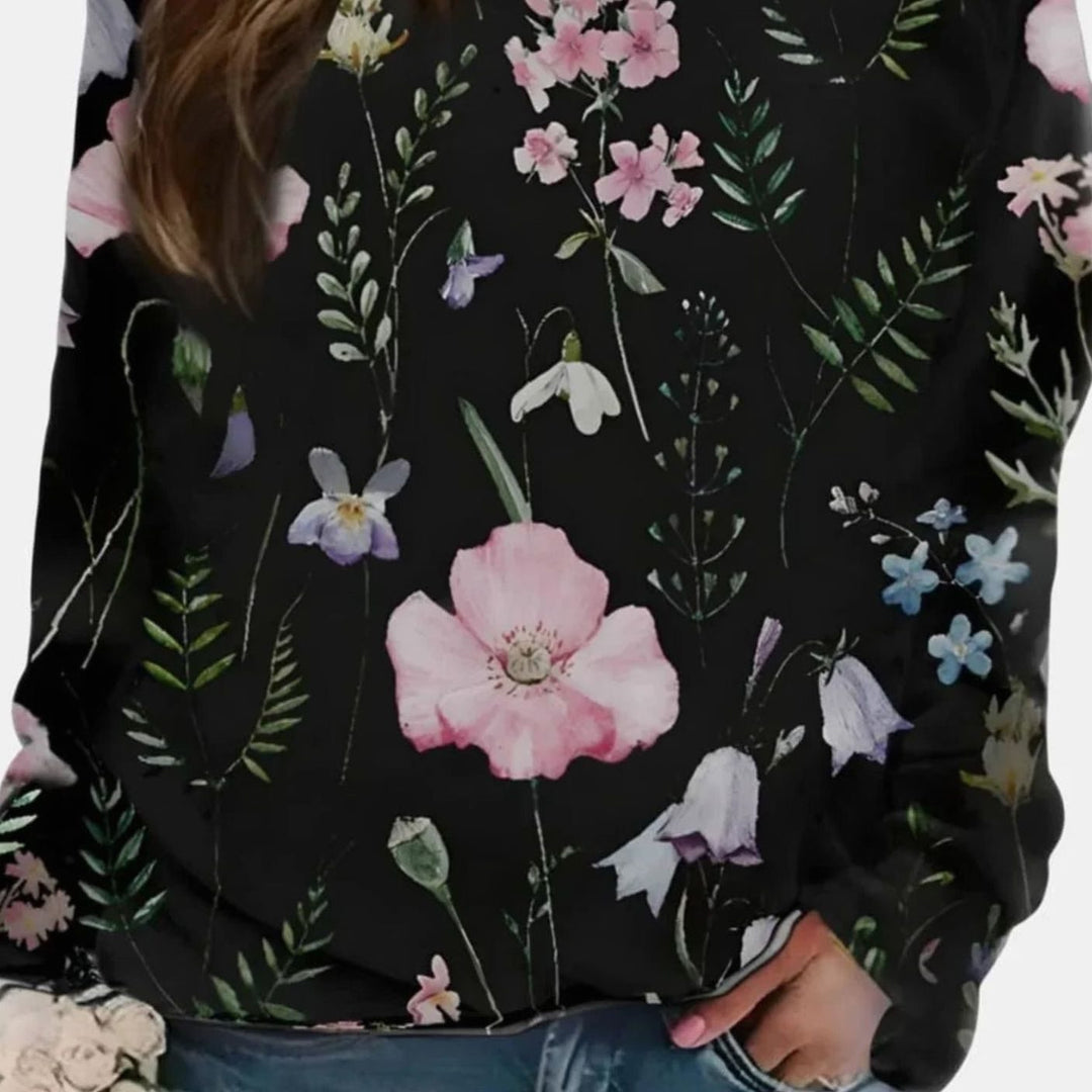 Women's Floral Print Crew Neck Pullover Sweater - Black