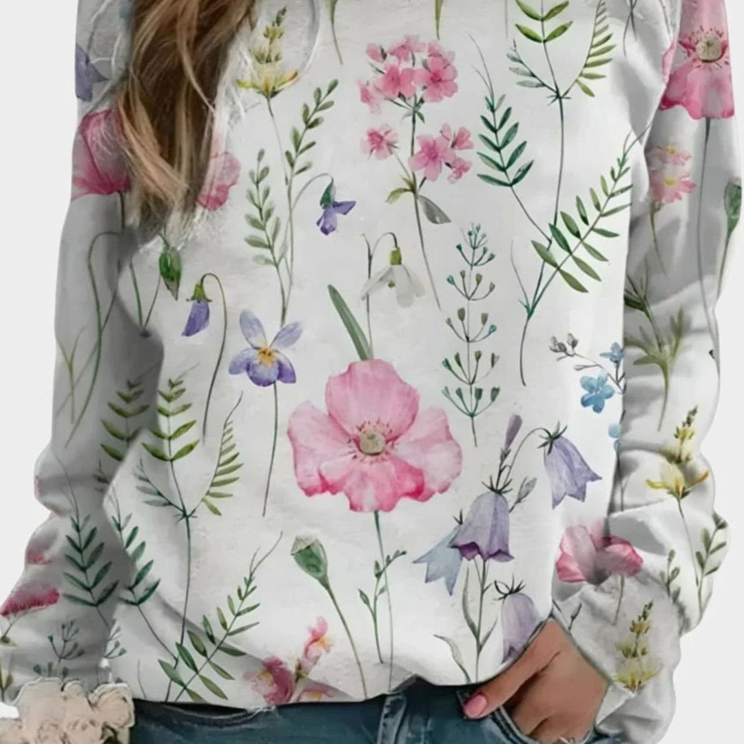 Women's Floral Print Crew Neck Pullover Sweater - White