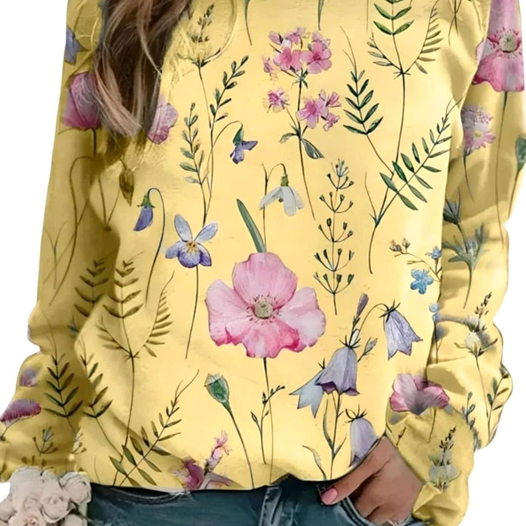 Women's Floral Print Crew Neck Pullover Sweater - Yellow