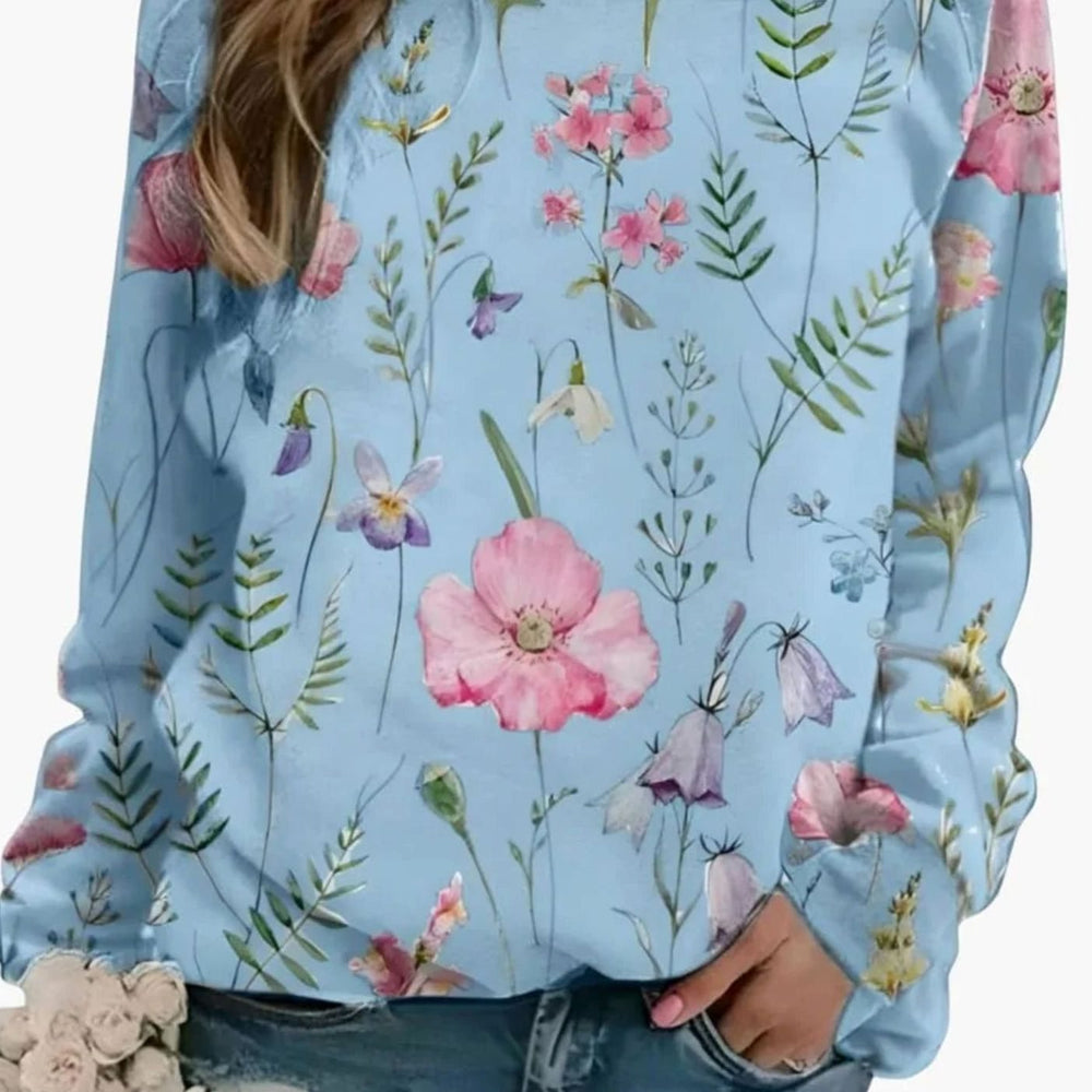 Women's Floral Print Crew Neck Pullover Sweater - Blue