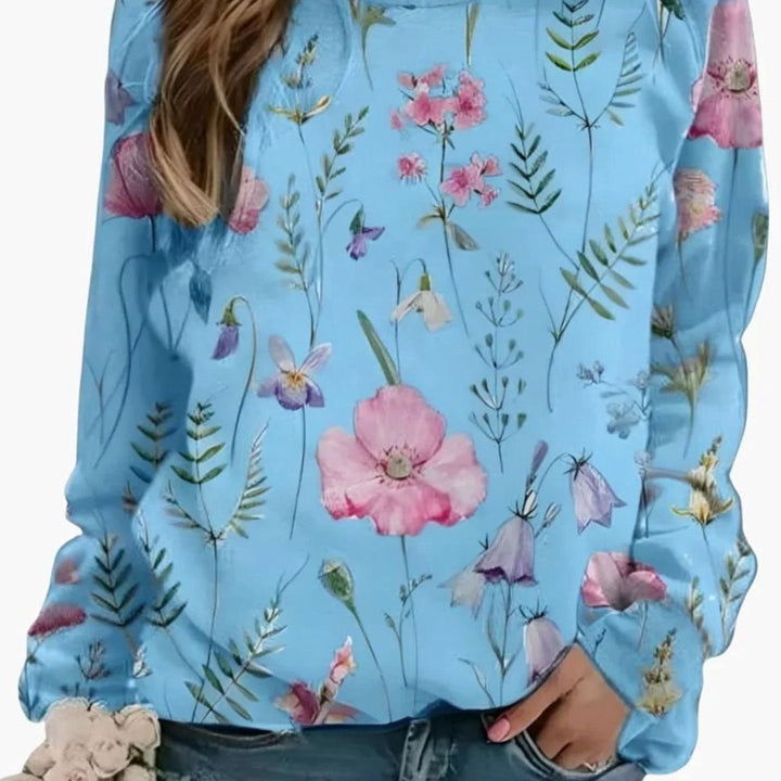 Women's Floral Print Crew Neck Pullover Sweater - Dark Blue