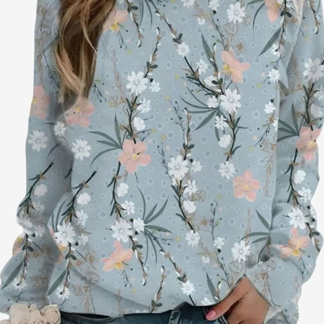 Women's Floral Print Crew Neck Pullover Sweater - Gray