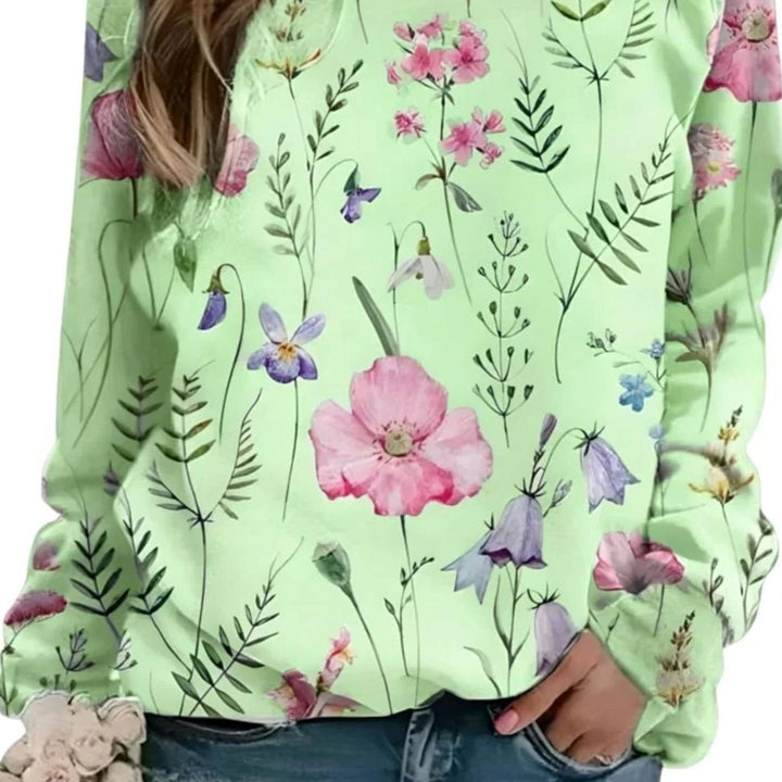 Women's Floral Print Crew Neck Pullover Sweater - Green
