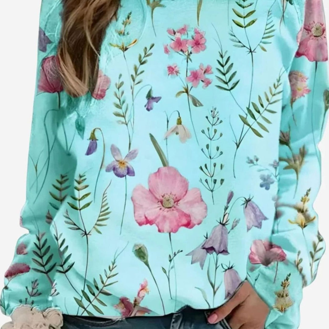 Women's Floral Print Crew Neck Pullover Sweater - Light Blue