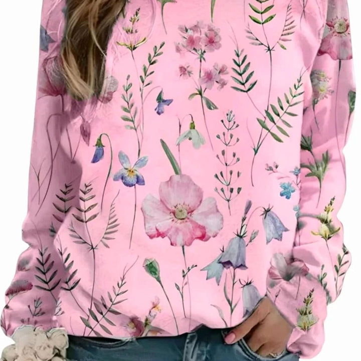 Women's Floral Print Crew Neck Pullover Sweater - Pink