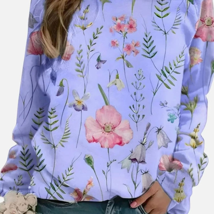 Women's Floral Print Crew Neck Pullover Sweater - Purple