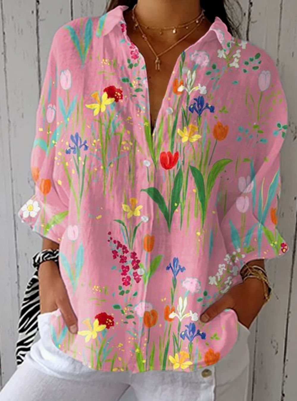 Women's Floral Print Long Sleeve Button-Front Blouse - Pink