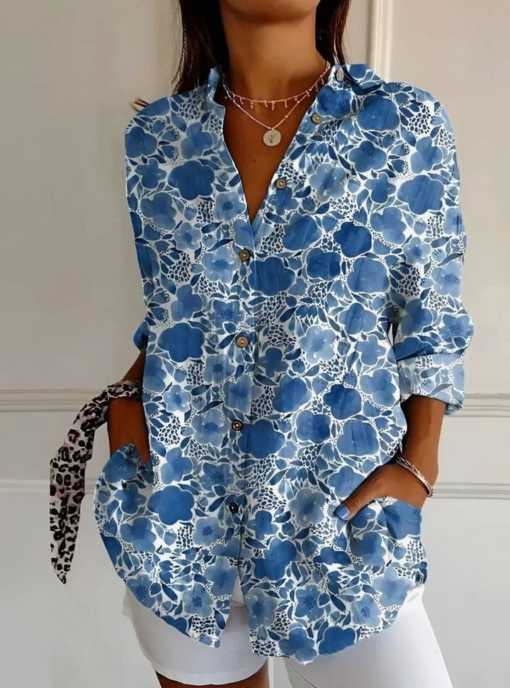 Women's Floral Print Relaxed Button-Down Long Sleeve Blouse - Dark Blue Floral