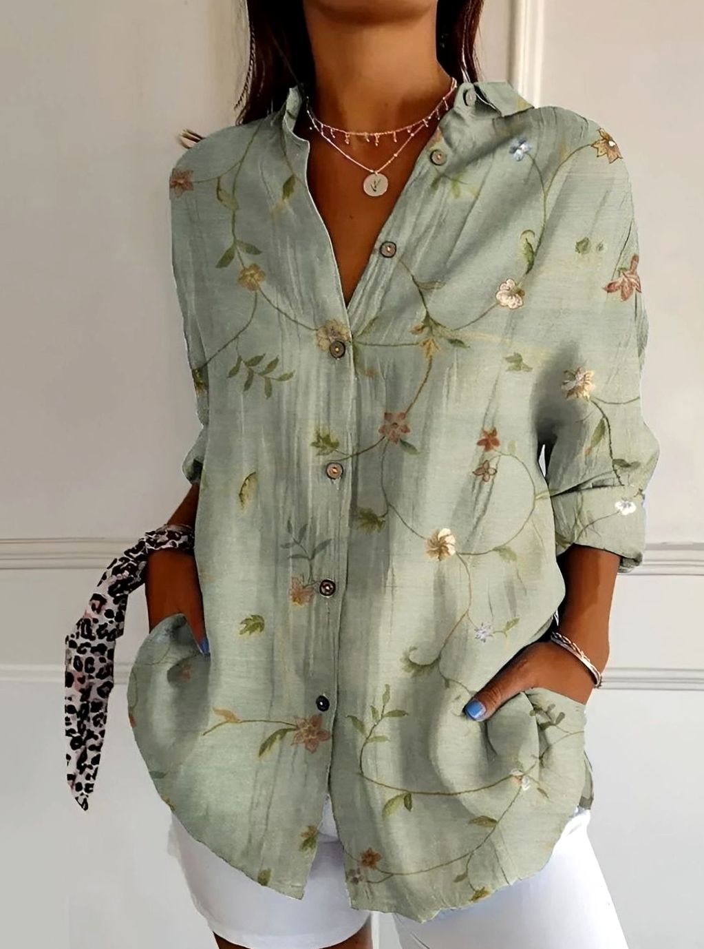 Women's Floral Print Relaxed Button-Down Long Sleeve Blouse - Green