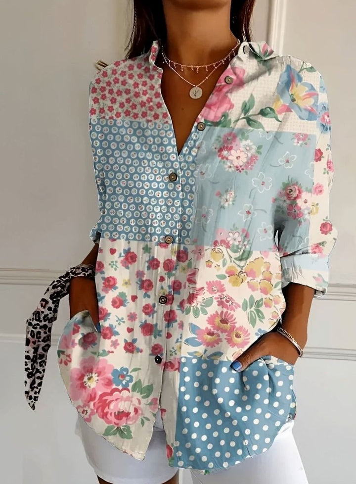 Women's Floral Print Relaxed Button-Down Long Sleeve Blouse - Floral Blue