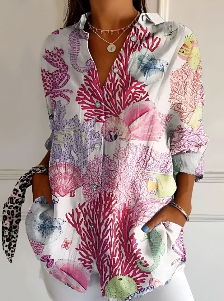 Women's Floral Print Relaxed Button-Down Long Sleeve Blouse - Pink