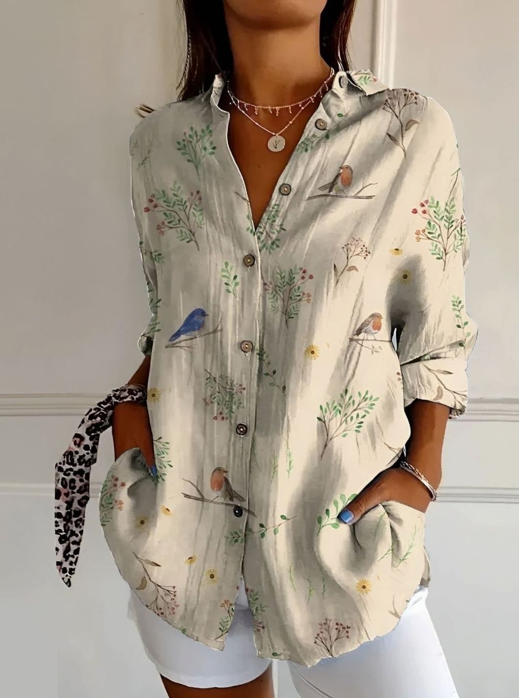 Women's Floral Print Relaxed Button-Down Long Sleeve Blouse - Bird Print
