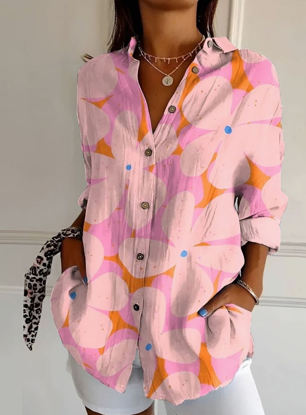Women's Floral Print Relaxed Button-Down Long Sleeve Blouse - Pink Floral