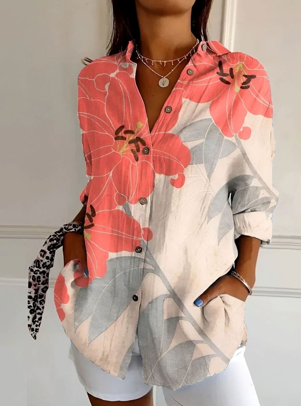 Women's Floral Print Relaxed Button-Down Long Sleeve Blouse - Orange/Gray Floral